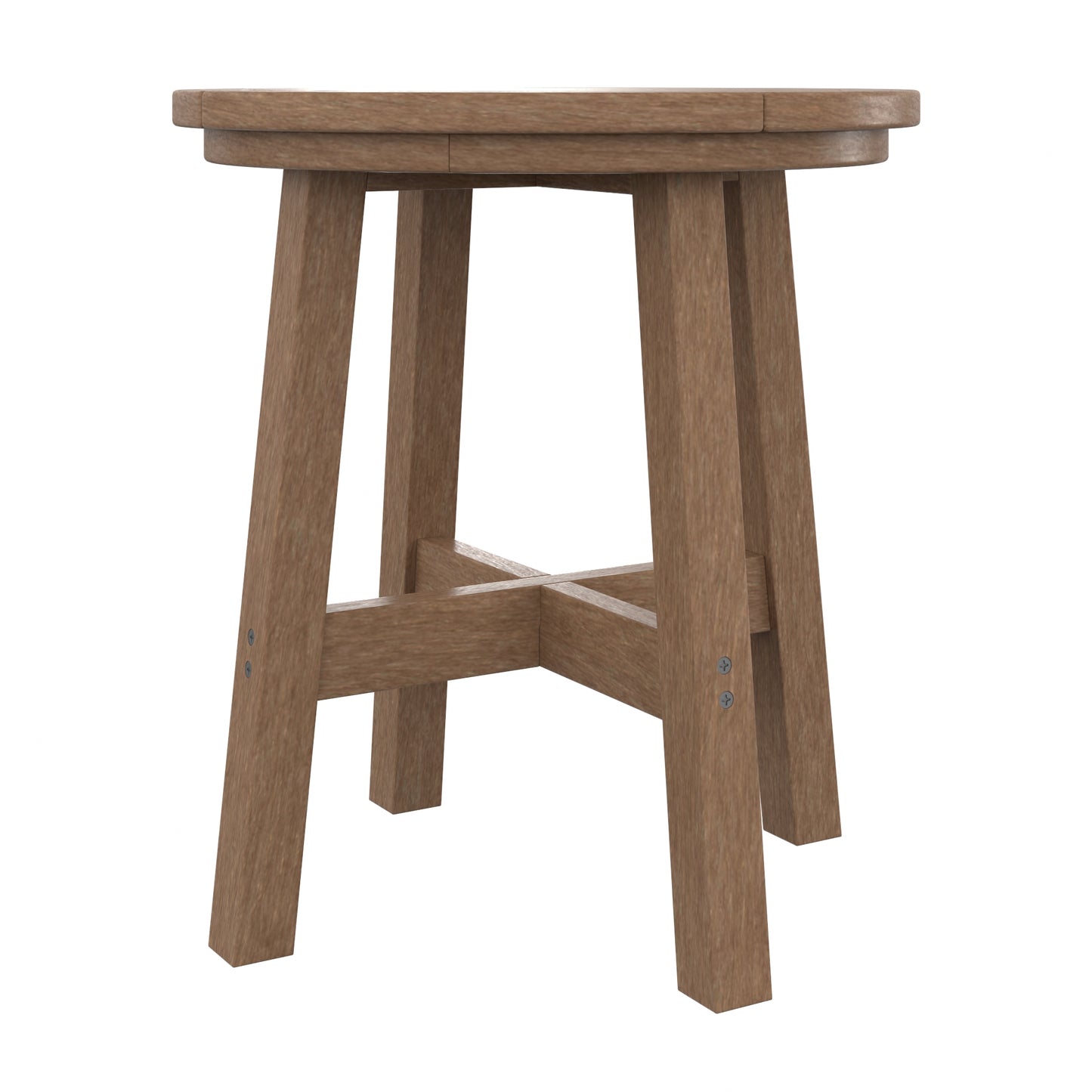 A rustic round table, four angled legs, and a central cross stretcher, shown on a plain white background.