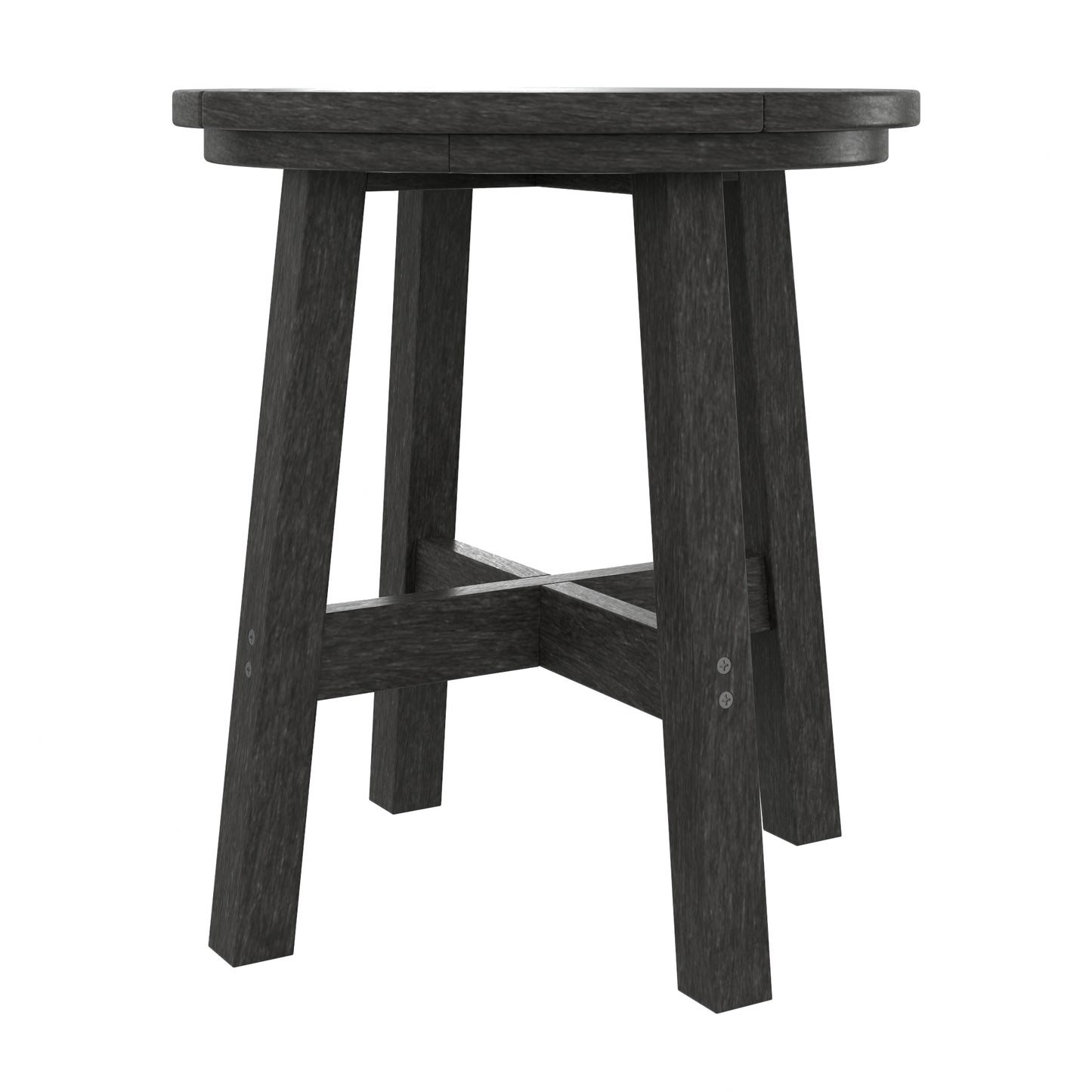 A dark charcoal round table with a thick circular seat and four angled legs connected by a central X-brace, shown on a plain white background.