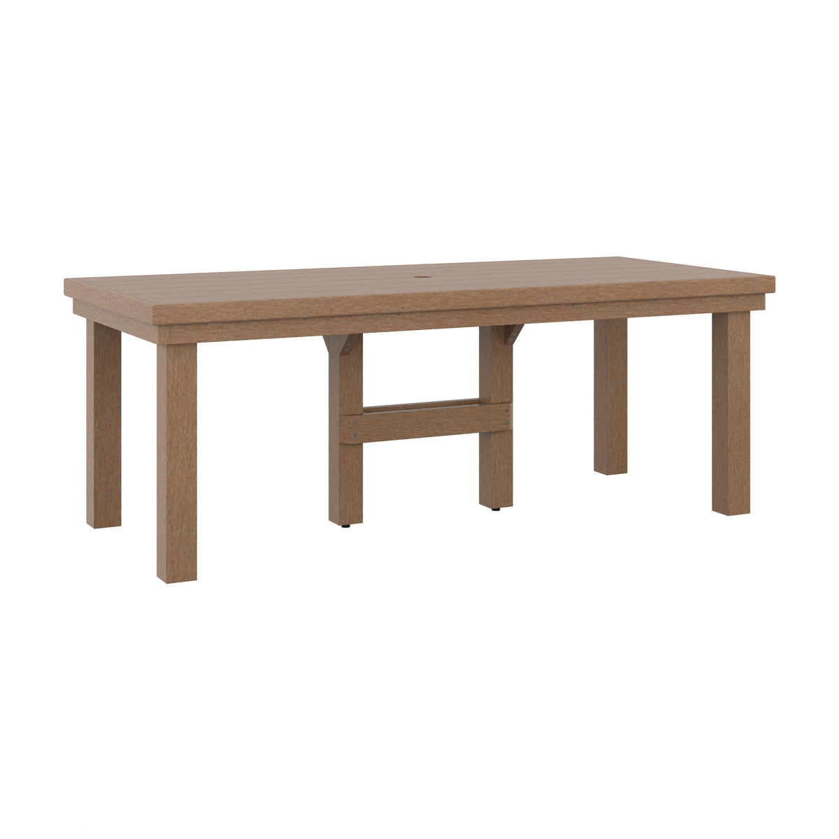 A rectangular outdoor dining table, featuring a thick top, four sturdy legs, and a central support beam, shown on a solid white background.