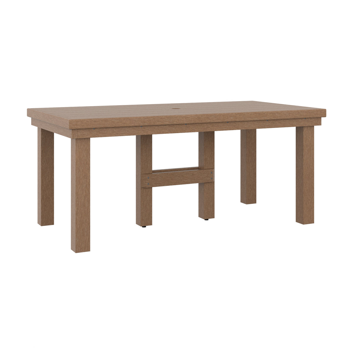 A rectangular outdoor dining table with a light brown wood grain finish, featuring four legs, a central support beam, and a pre-drilled hole in the top, shown on a solid white background.