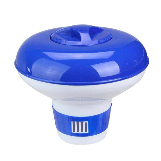 blue and white chlorine dispenser on a white background