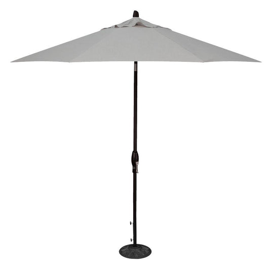 Beige patio umbrella with black pole on a white background