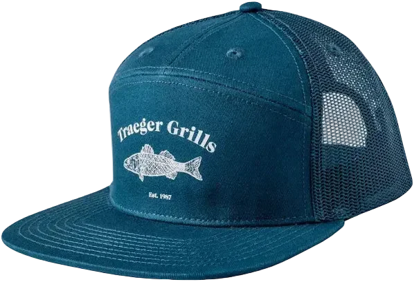 Blue cap with 'Trager Grills' logo on a white background