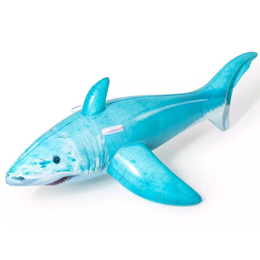 Blue inflatable shark toy on a white background