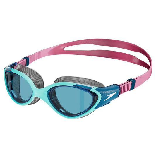 Swimming goggles with pink strap on a white background