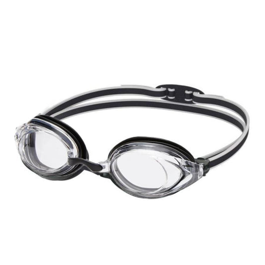 Black and clear swim goggles on a white background