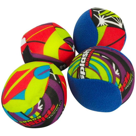 Colourful foam balls with 'Splash Bombs' branding on a white background