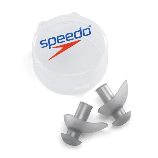 Speedo earplugs with a clear case on a white background