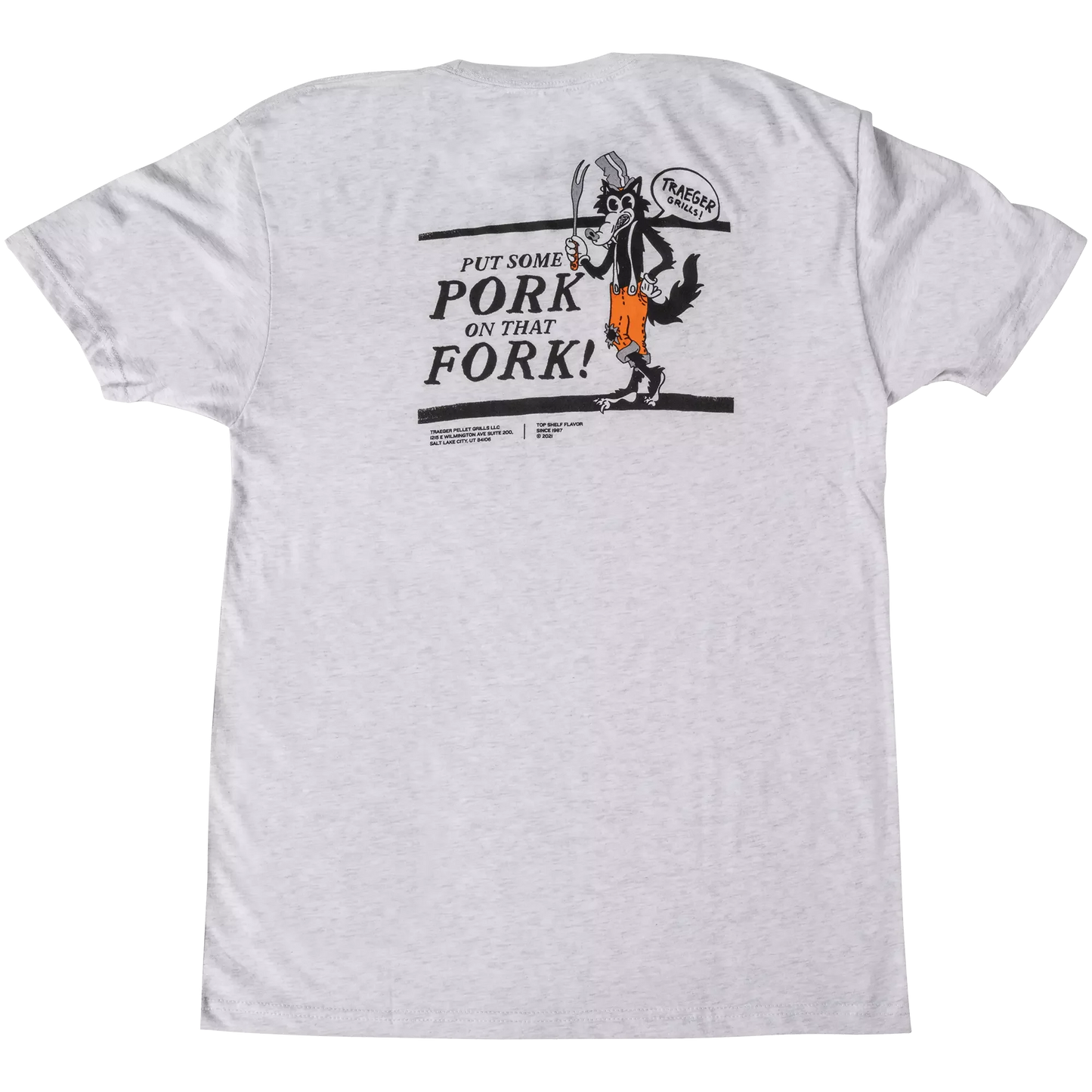 White t-shirt with a graphic design featuring a cartoon character and text on a white background